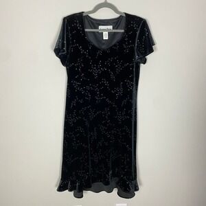 Vintage Another Thyme Black Velvet Floral Print Midi Dress Size 12 Dark Romantic